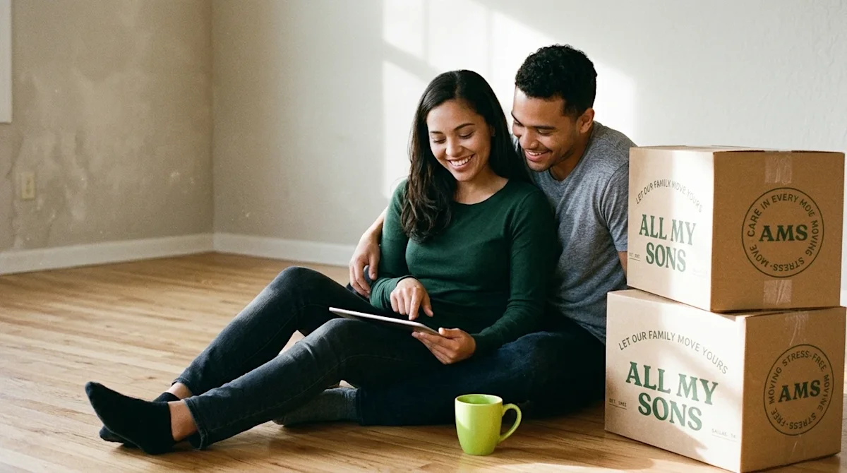 Candid, authentic lifestyle photograph of a diverse young couple sitting on the hardwood floor of an empty, sunlit rental apa