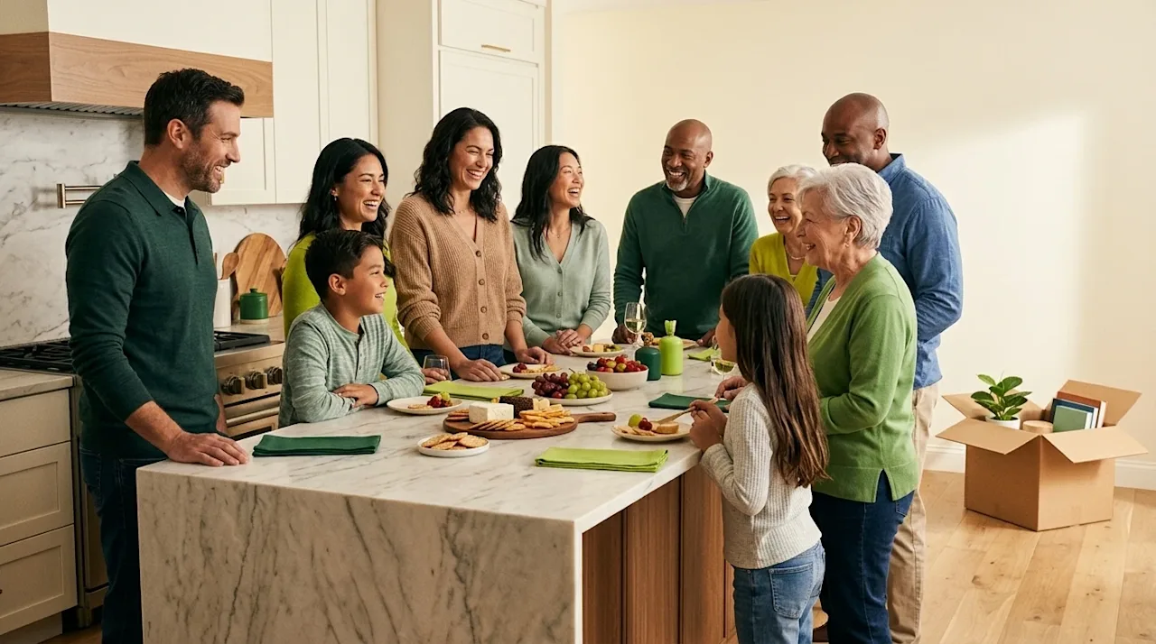 Diverse family and friends enjoying a housewarming party with appetizers around a kitchen island in their new home.