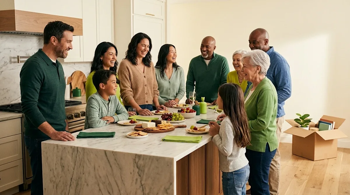 Diverse family and friends enjoying a housewarming party with appetizers around a kitchen island in their new home.