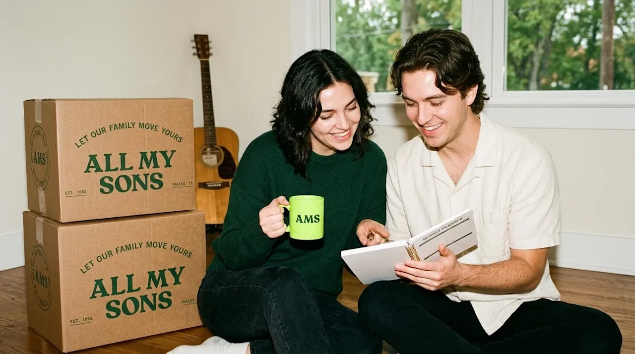 A candid, realistic 35mm film lifestyle photograph of a young couple sitting comfortably on the hardwood floor of their new h