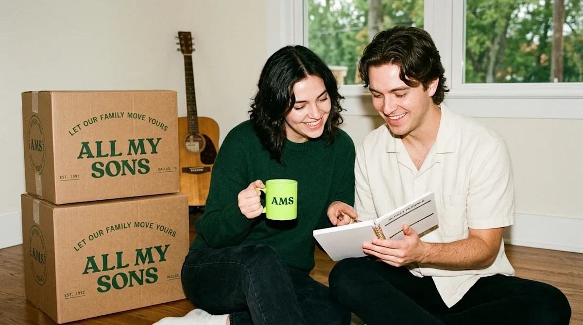 A candid, realistic 35mm film lifestyle photograph of a young couple sitting comfortably on the hardwood floor of their new h