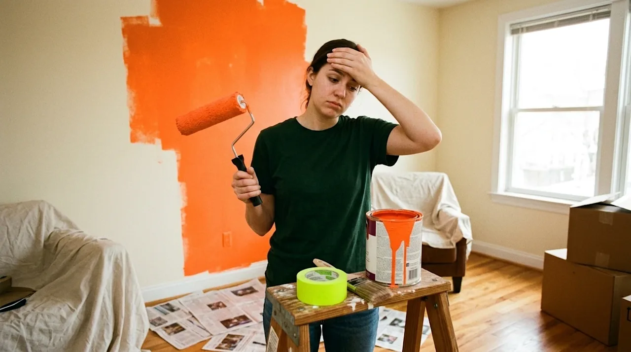 A candid, 35mm film photograph of a frustrated homeowner realizing they chose the wrong paint color for their new home. A you