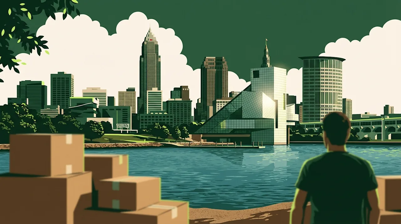 Person viewing Cleveland skyline and Rock and Roll Hall of Fame with moving boxes in foreground.
