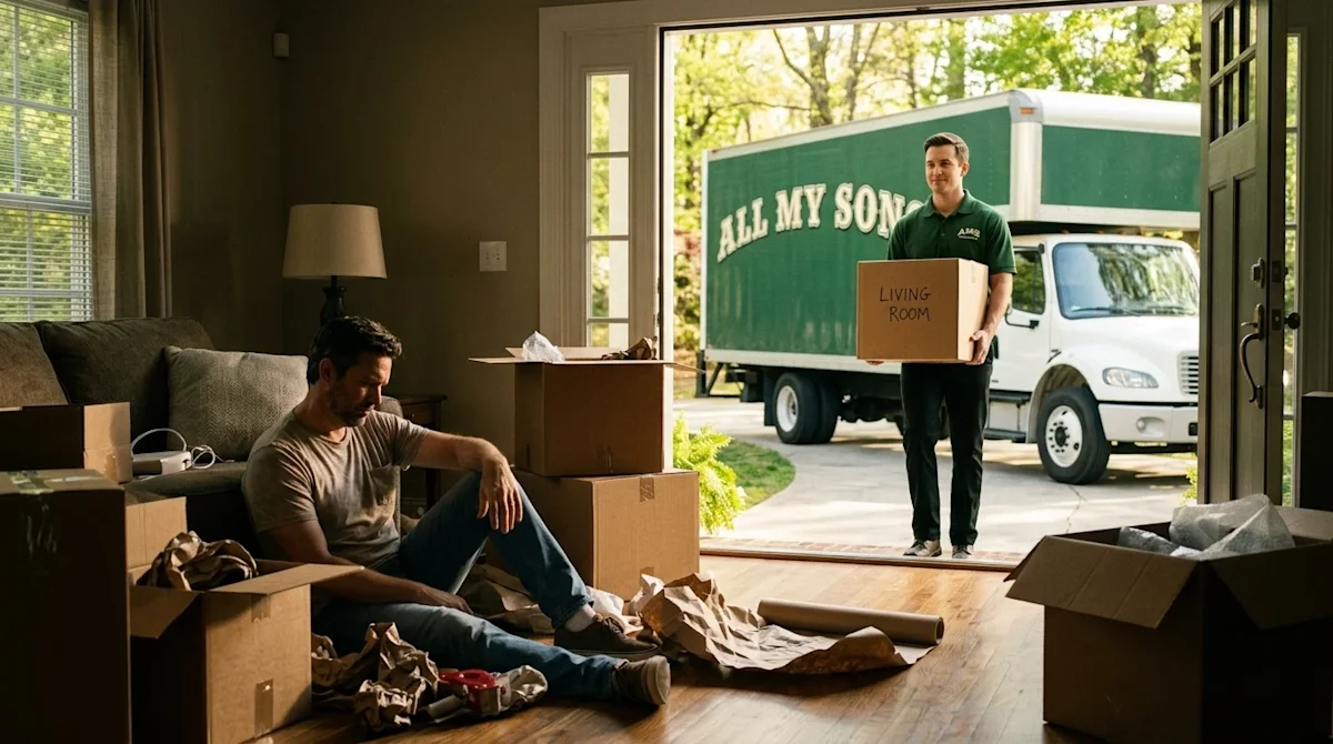 A candid, high-quality lifestyle photograph illustrating the contrast of DIY moving versus professional moving. In the foregr