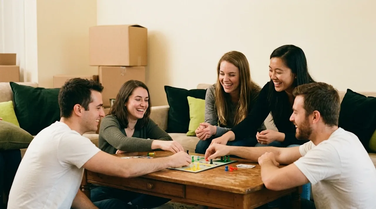 Authentic, candid 35mm film lifestyle photography of a joyful group of friends hosting a game night in a cozy, newly moved-in