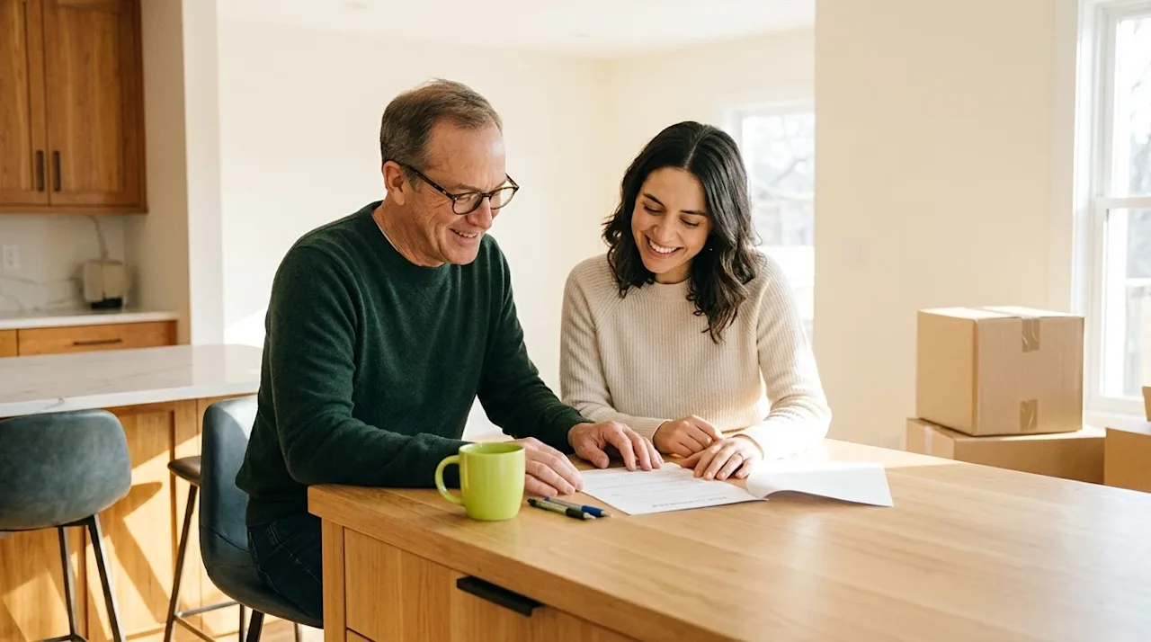 Professional marketing photography, a warm and candid scene of a mature father and his adult daughter sitting together at a m