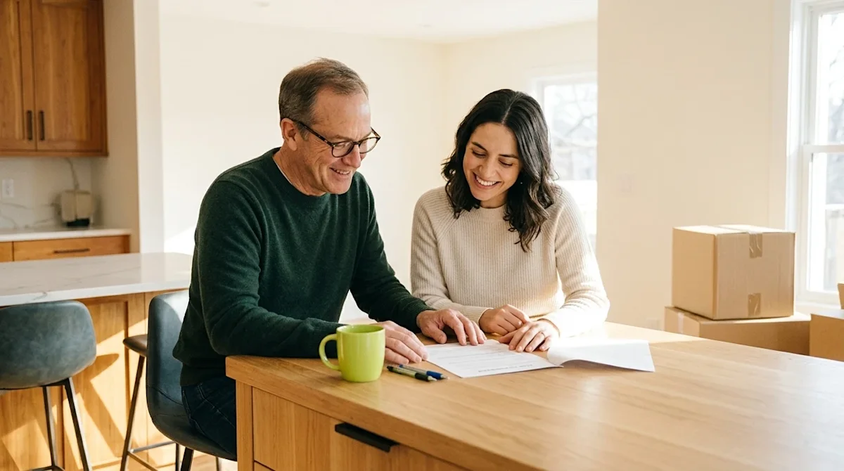 Professional marketing photography, a warm and candid scene of a mature father and his adult daughter sitting together at a m