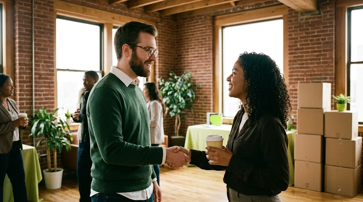 A casual networking event for professionals in a warm, industrial-chic St. Louis loft space. Two young professionals shaking hands.