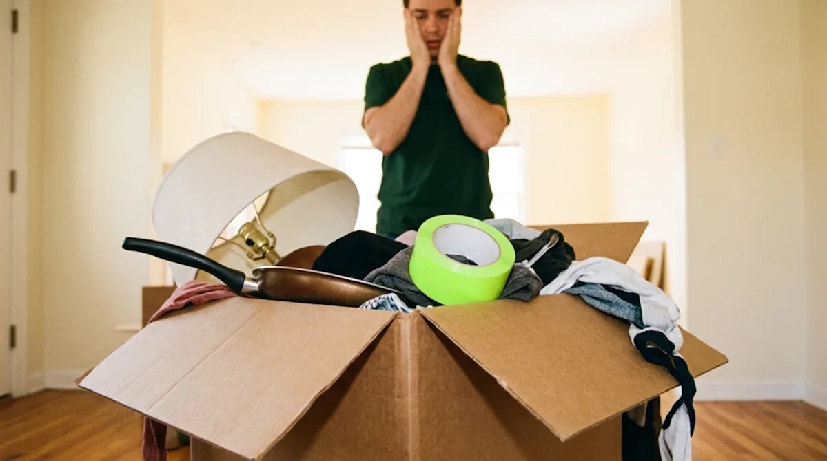 A candid, 35mm film-style lifestyle photograph illustrating a common moving day mistake. In the foreground, an overflowing, p