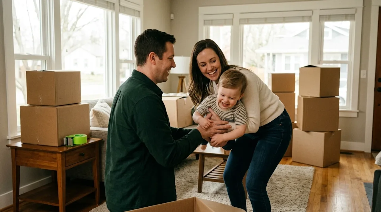 A happy family unpacking cardboard boxes in their new living room during a move.