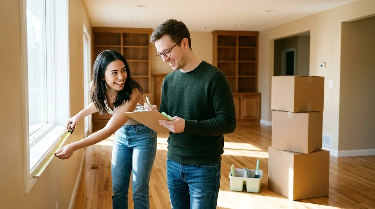 A bright, high-quality lifestyle photograph of a happy couple preparing their newly purchased home before moving in. The scen