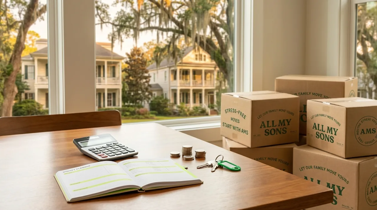 Moving boxes, calculator, and planner on a table representing the cost of living in Baton Rouge, Louisiana.