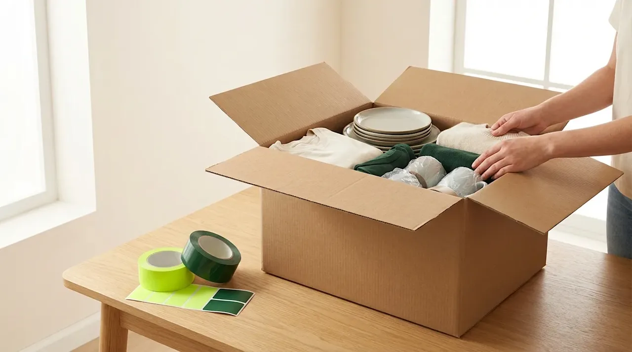 Organized moving box with clothes used as padding, tape, and color-coded labels for smart packing hacks.