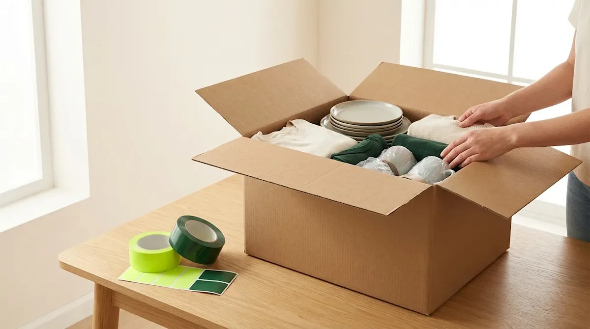 Organized moving box with clothes used as padding, tape, and color-coded labels for smart packing hacks.