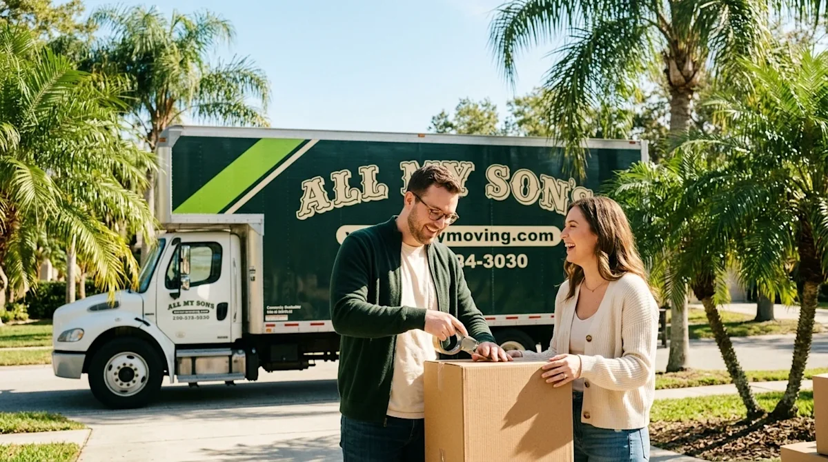 A candid, sunlit lifestyle photograph of a happy couple preparing for a move to Orlando, standing in a bright suburban drivew
