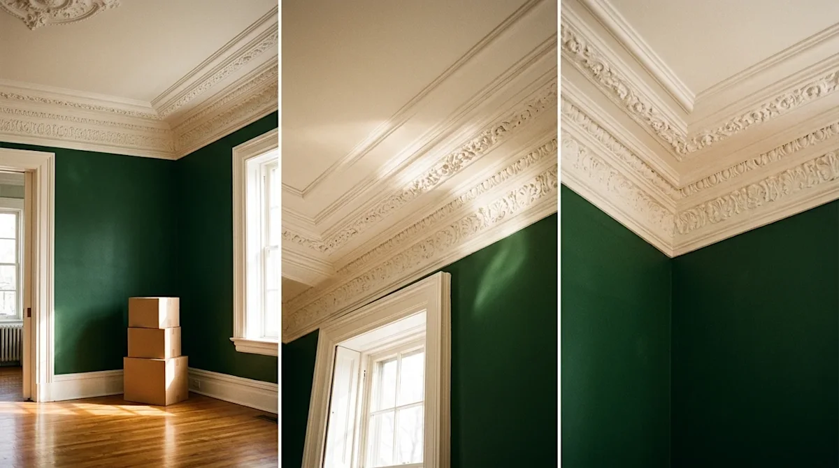 A photorealistic, high-quality photograph of a bright, elegant living room highlighting beautiful, intricate white crown mold