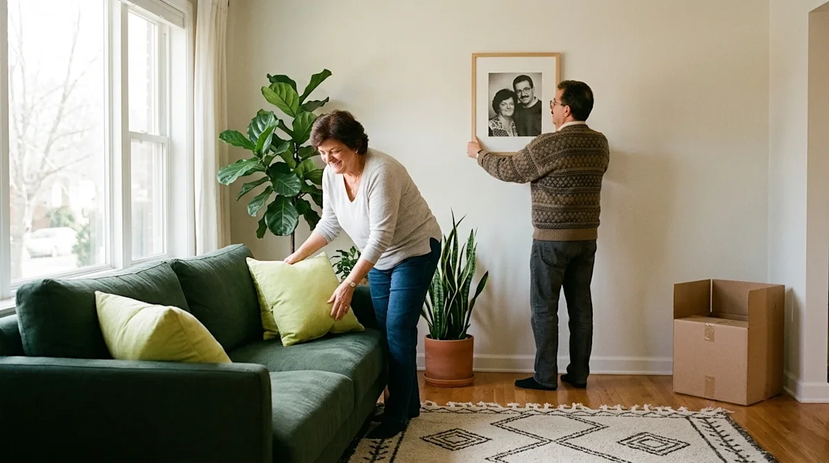 A candid lifestyle photograph of a happy couple decorating their bright, newly moved-in living room. The woman is smiling as