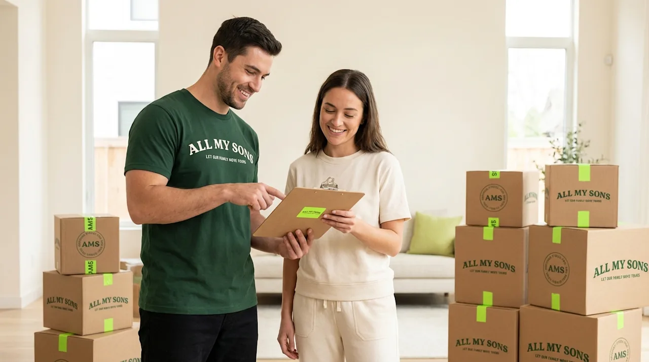 All My Sons mover reviewing a moving checklist on a clipboard with a smiling customer surrounded by branded boxes.