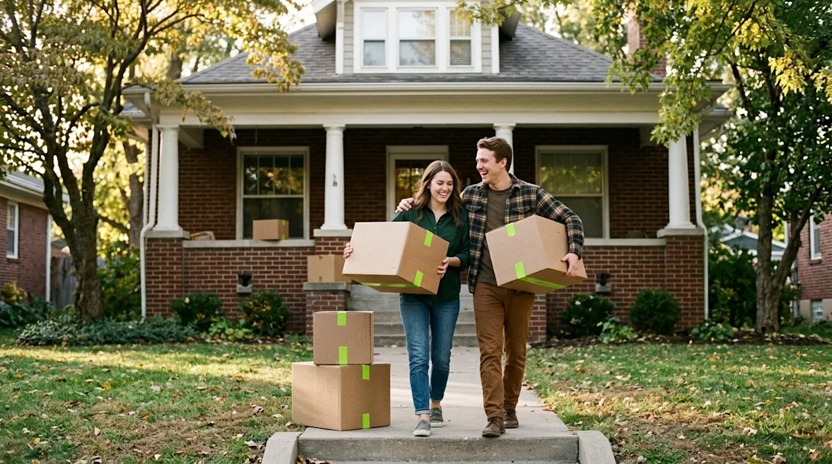 A candid 35mm film photograph of a happy young couple carrying cardboard moving boxes up the front walkway of a charming, cla