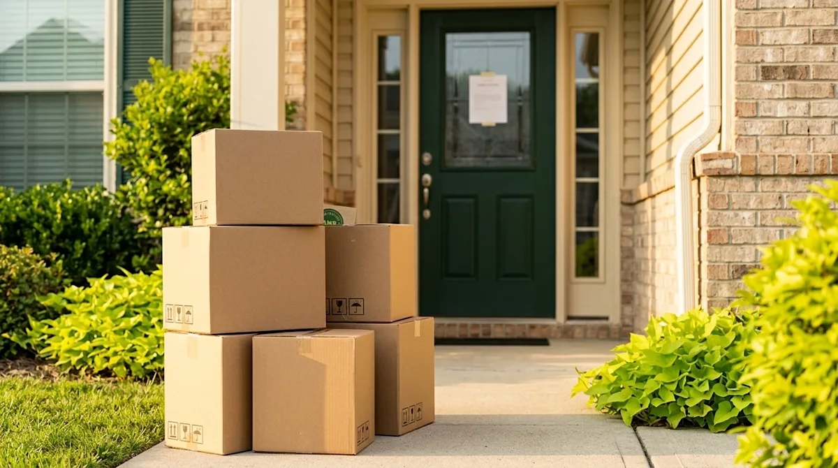 A professional, edge-to-edge marketing photograph of a quiet suburban home's front porch, bathed in warm, golden-hour sunligh