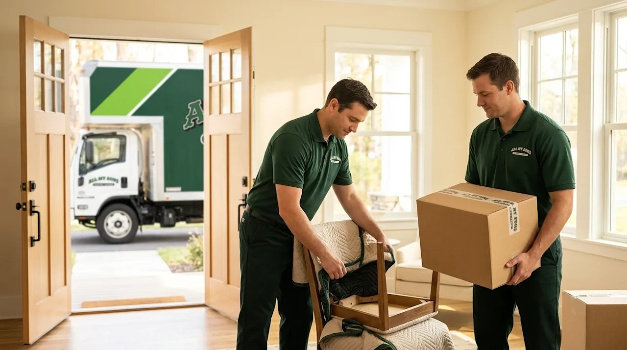 Clear, professional marketing photography of a stress-free, full-service moving experience. Inside a bright, welcoming, beaut
