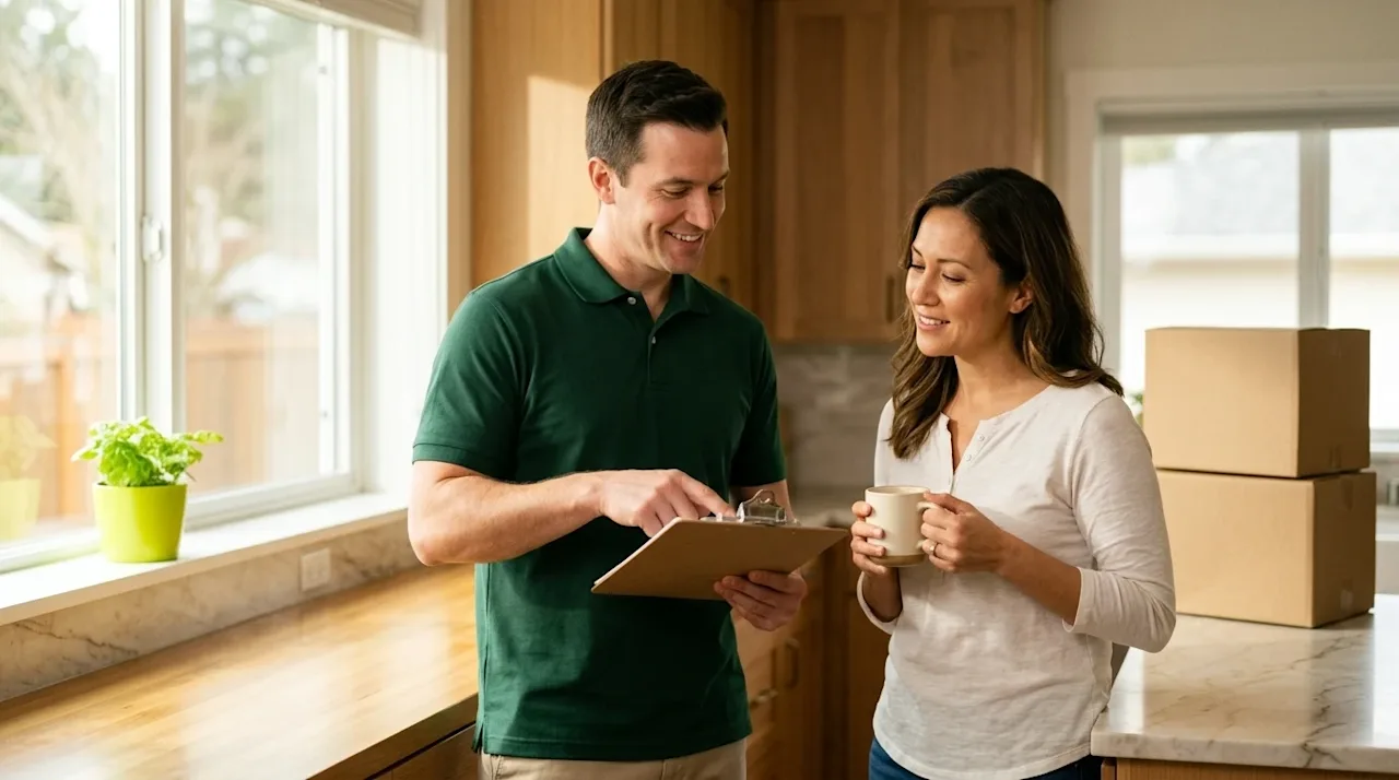 Professional marketing photography, an authentic lifestyle shot of a friendly professional mover giving expert advice to a re