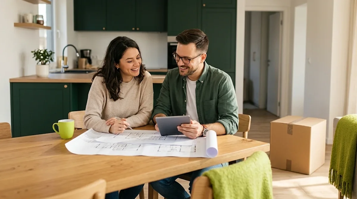 Professional marketing photography, lifestyle shot for a blog header about the housing market. A happy, optimistic young coup