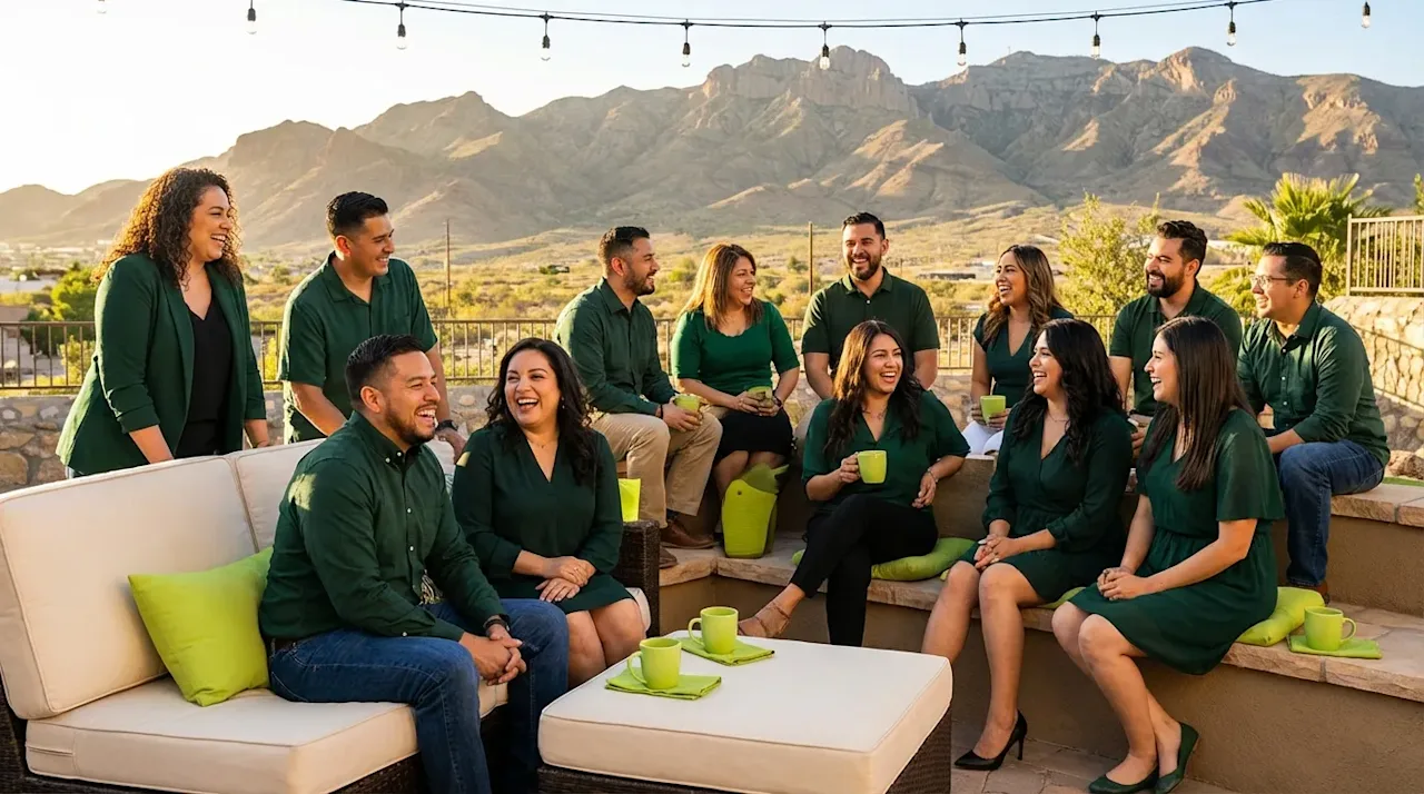 Diverse group socializing on an El Paso patio with Franklin Mountains backdrop, wearing forest green brand colors.