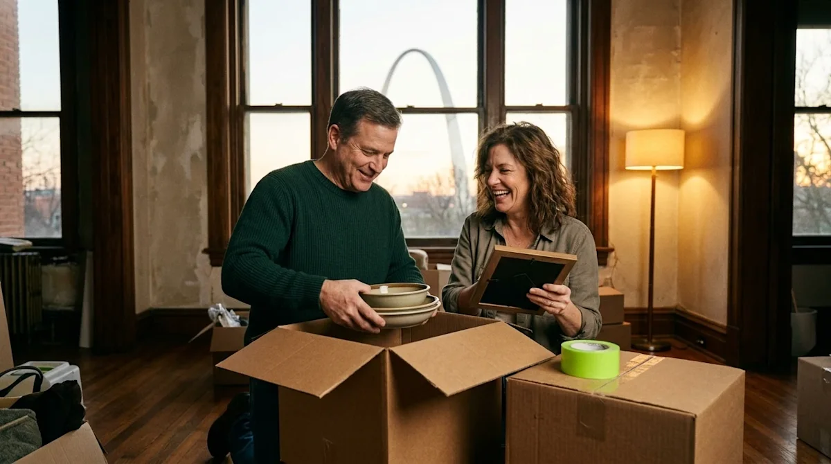 A couple happily unpacking cardboard moving boxes in the living room of a historic St. Louis home.