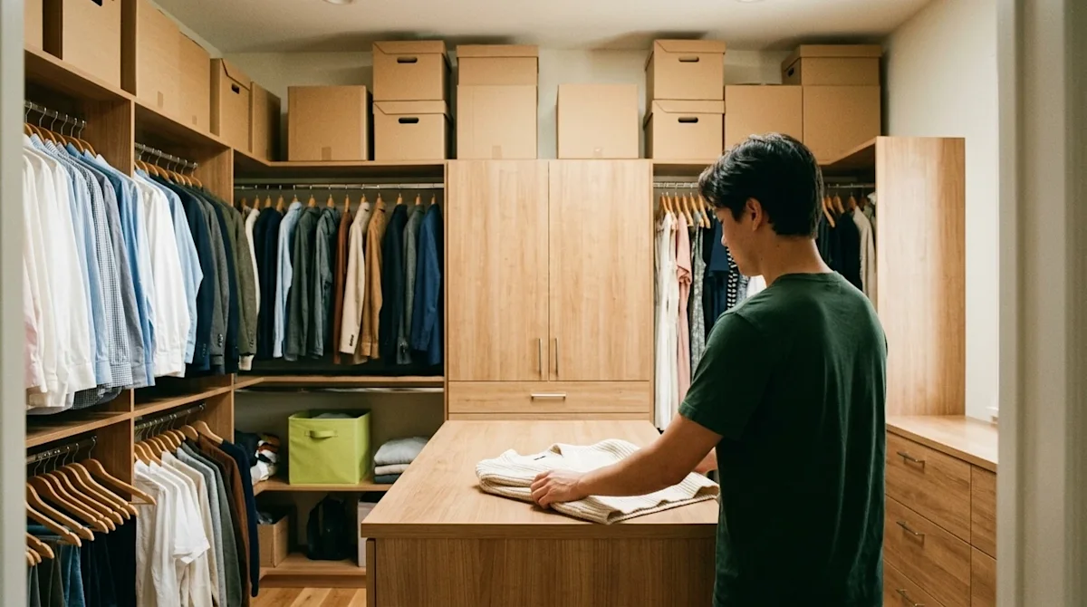 Warm, candid lifestyle photograph shot on 35mm film of a bright, perfectly organized walk-in home closet. The space is inviti
