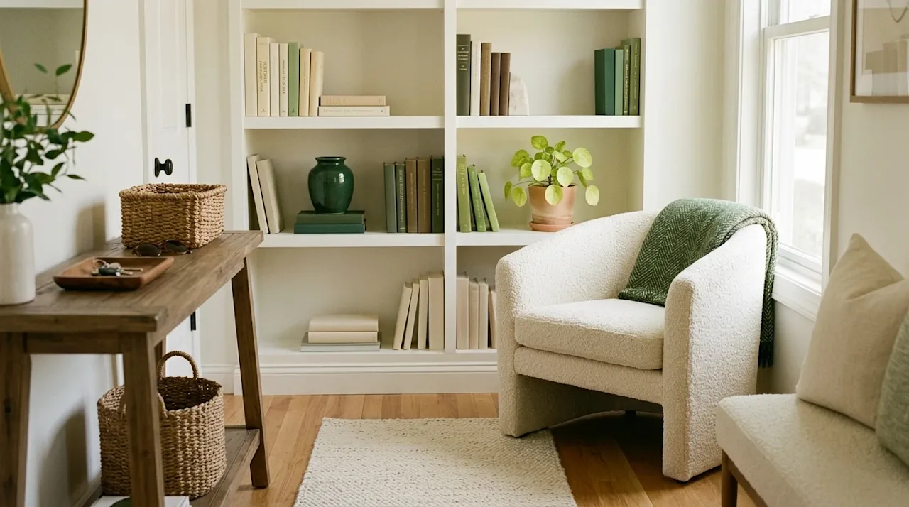 Photorealistic lifestyle photography of a beautifully organized, clutter-free home interior, perfectly suited for a blog abou