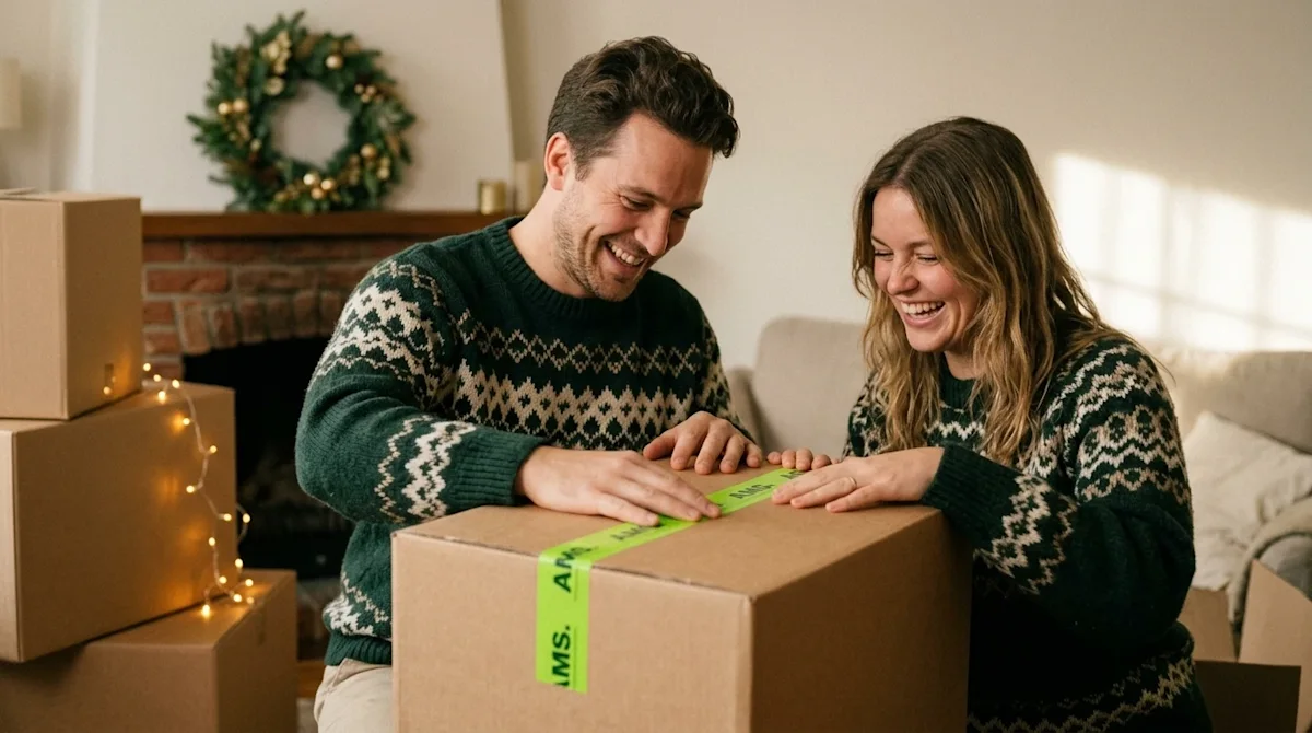 Authentic lifestyle photography of a cheerful, relaxed couple packing brown cardboard moving boxes in a cozy, softly lit livi