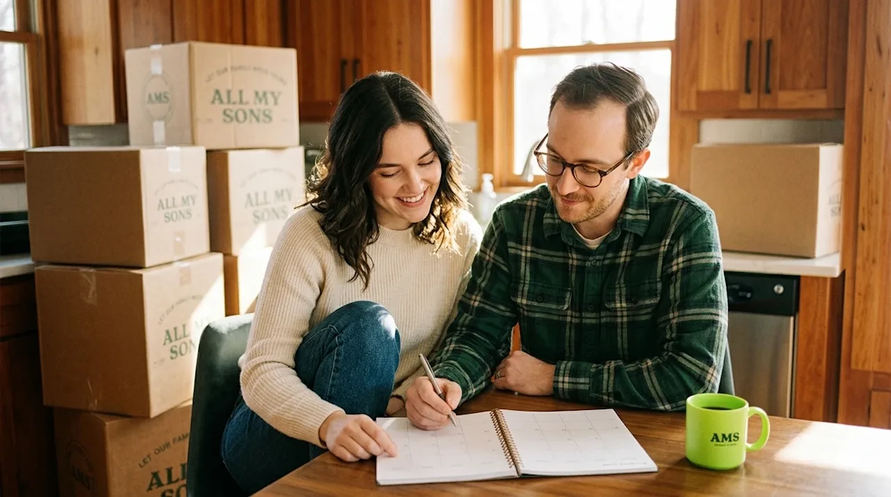 Candid 35mm lifestyle photography, a smiling young couple sitting together at a cozy wooden kitchen table, peacefully decidin