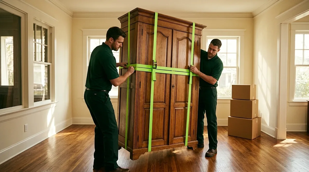 Professional marketing lifestyle photography of two strong professional movers carefully wrapping and lifting a large, heavy