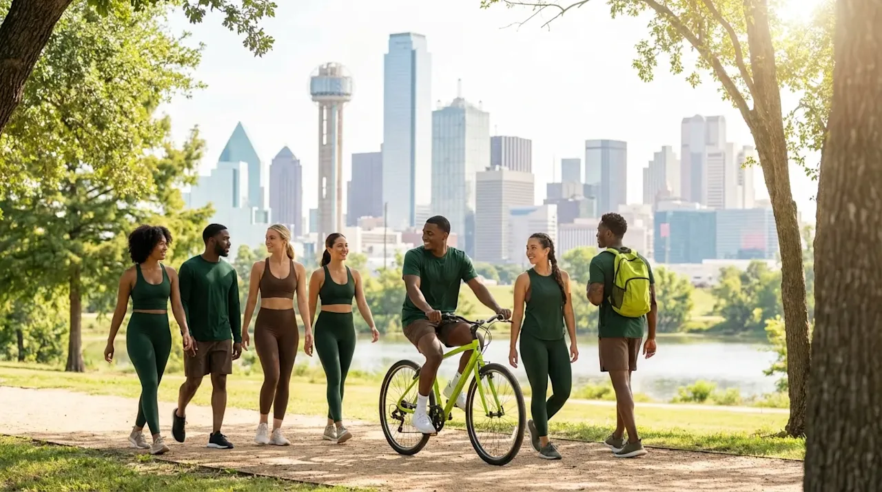 Diverse friends walking and biking in a Dallas park with the city skyline and Reunion Tower in the background.