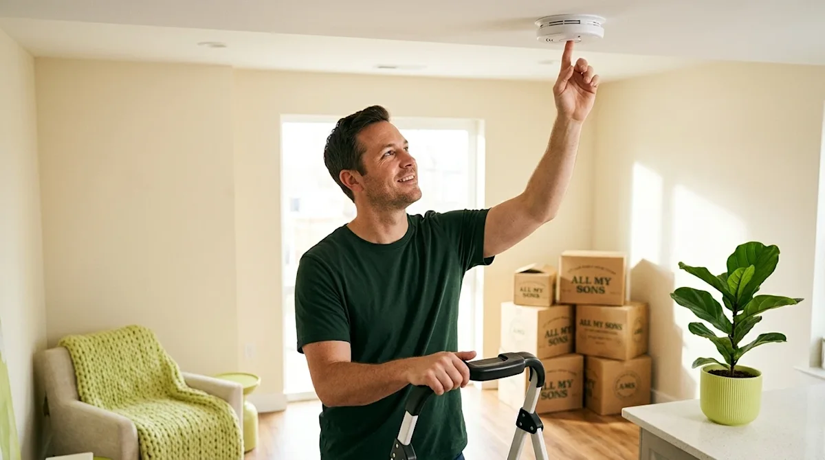 Professional marketing photography of a homeowner safely testing a ceiling smoke detector in a brightly lit, modern home. The