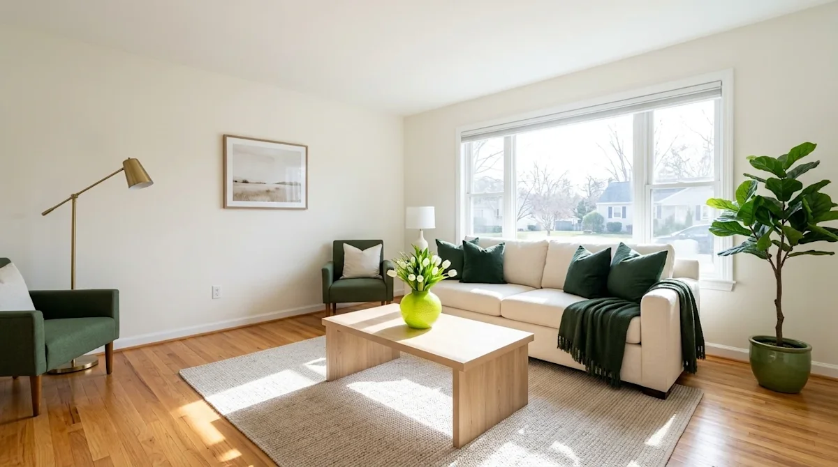 Professional real estate marketing photography of a beautifully staged, pristine living room prepared for an open house. Brig
