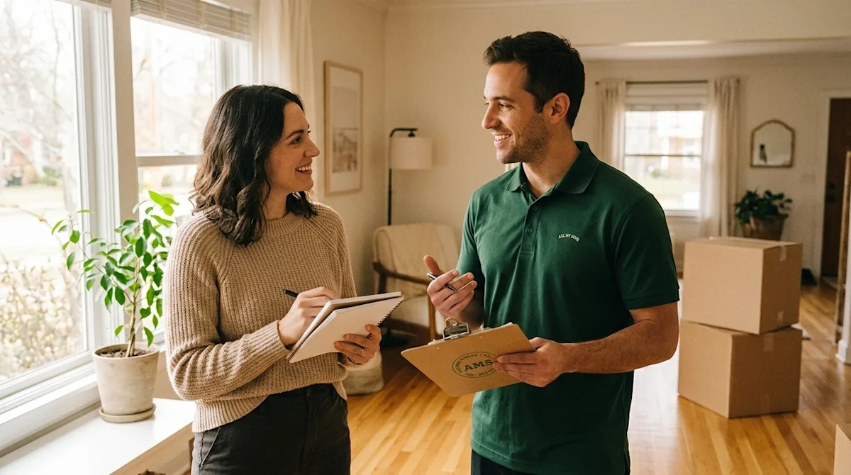 Professional marketing photography of a candid, authentic lifestyle scene showing a homeowner having a friendly, reassuring c