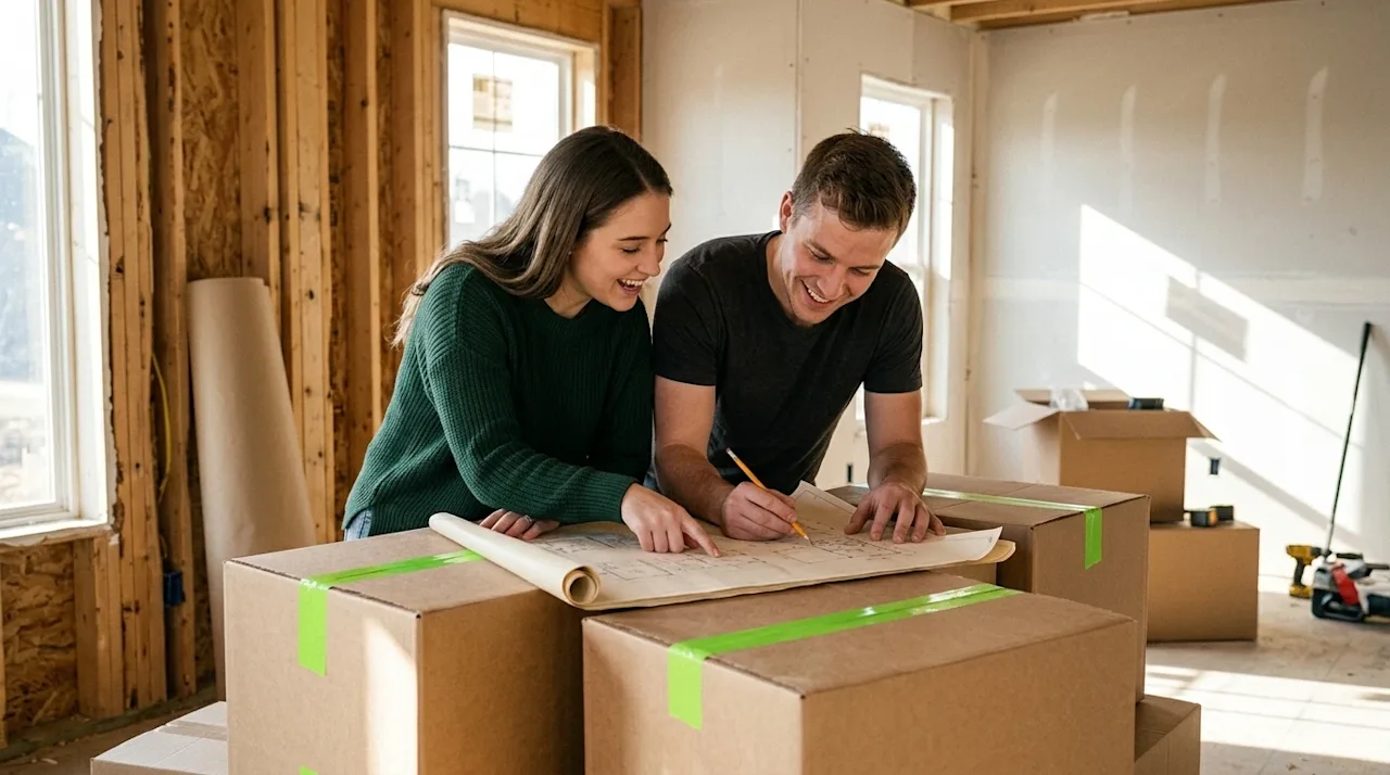 Candid lifestyle photography of a young couple happily reviewing architectural blueprints spread out over a makeshift table m