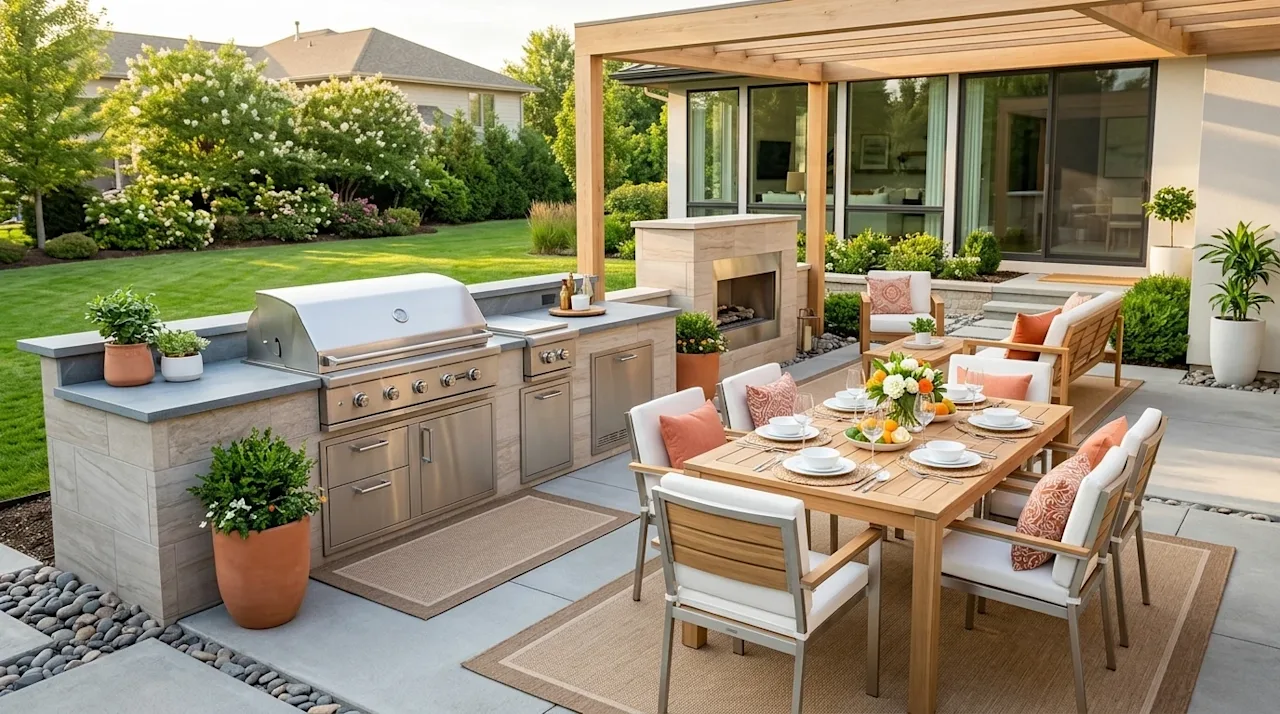 High-quality architectural photography of a beautifully designed outdoor cooking area in the backyard of a modern suburban ho