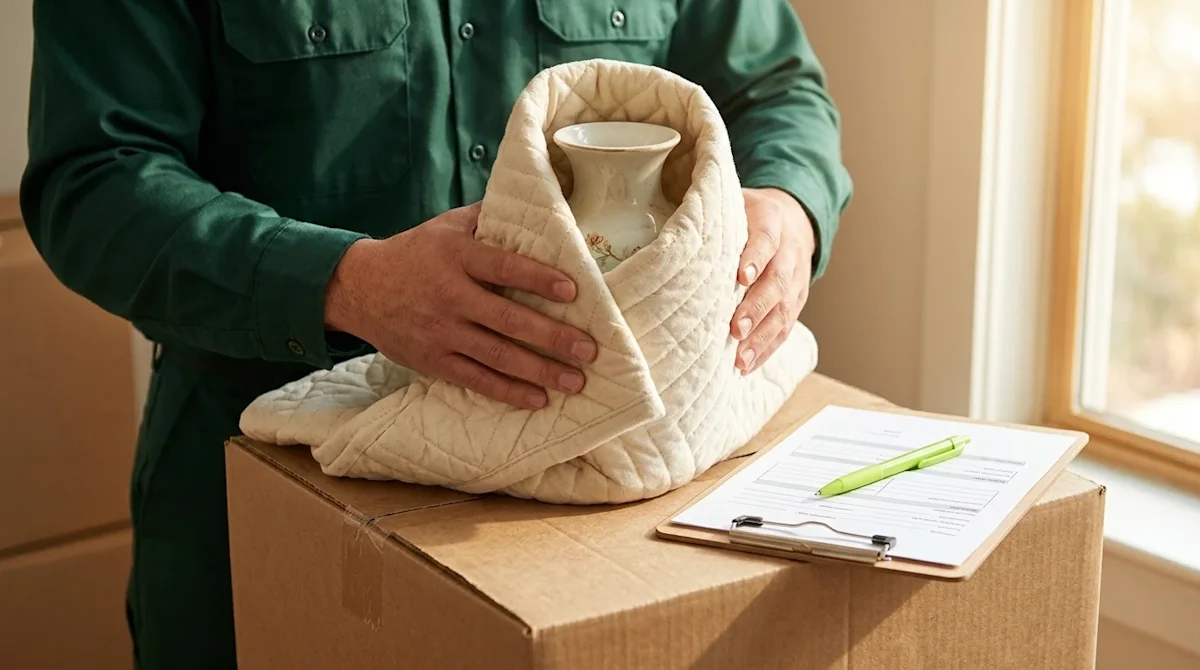 Professional marketing photography, close-up shot. A mover wearing a deep forest green uniform shirt is carefully wrapping a