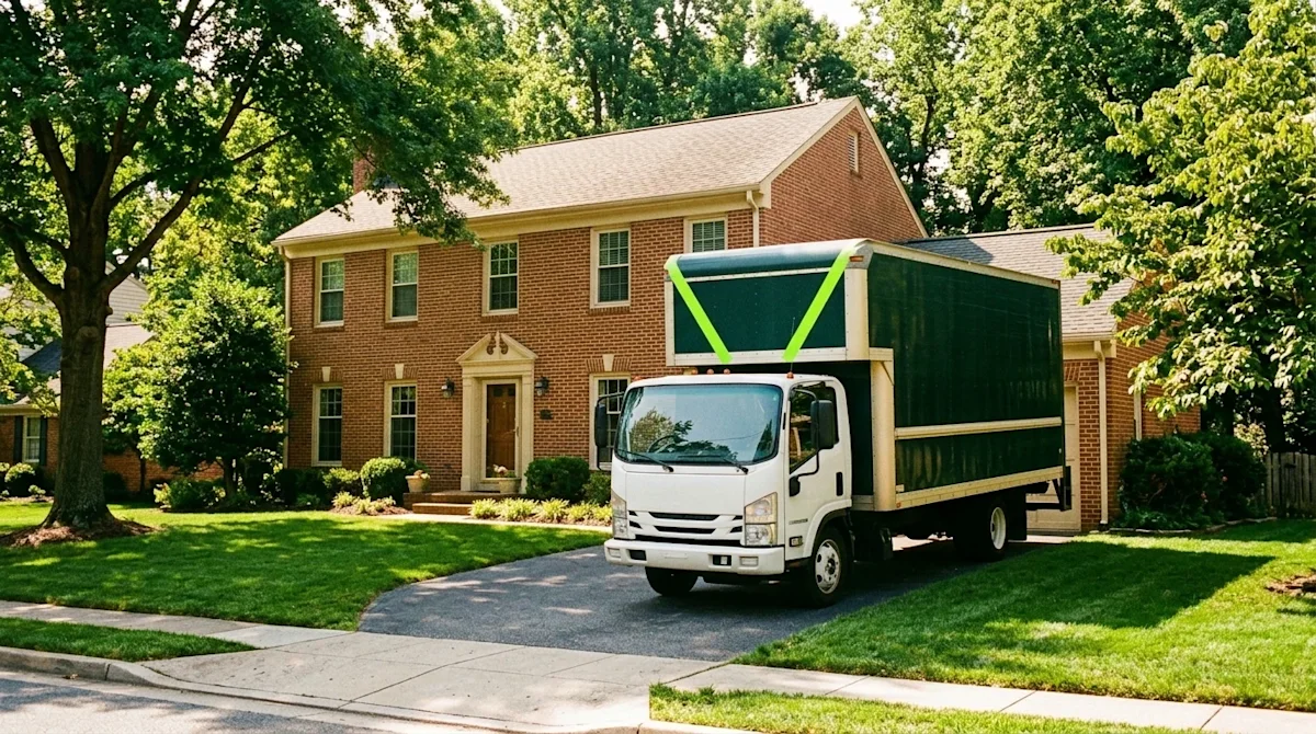 A realistic 35mm film photograph of a beautiful, classic brick colonial-style home typical of a Maryland neighborhood, surrou
