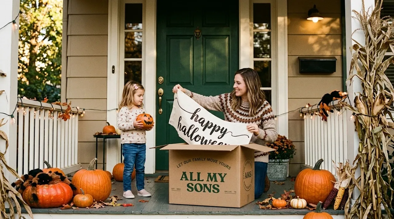 Clear and professional lifestyle marketing photography of a charming Memphis home's front porch warmly decorated for Hallowee