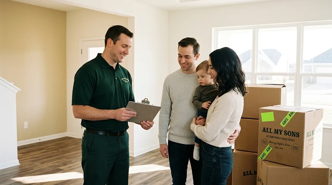 A candid, high-quality lifestyle photograph of a friendly professional moving coordinator standing in a bright, modern suburb