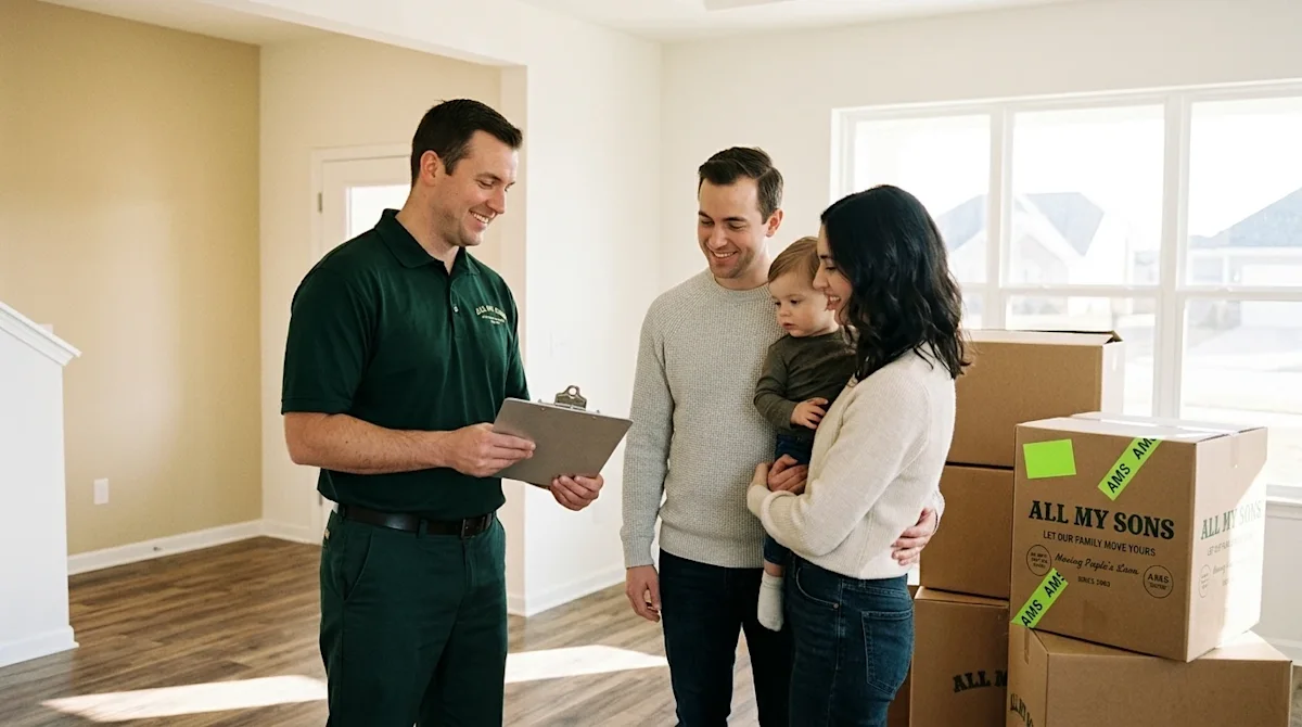 A candid, high-quality lifestyle photograph of a friendly professional moving coordinator standing in a bright, modern suburb