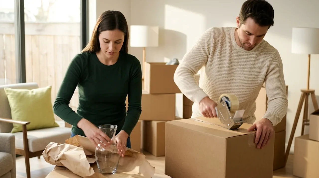 Clear, professional marketing photography of a focused couple hurriedly but efficiently packing their home for a last-minute