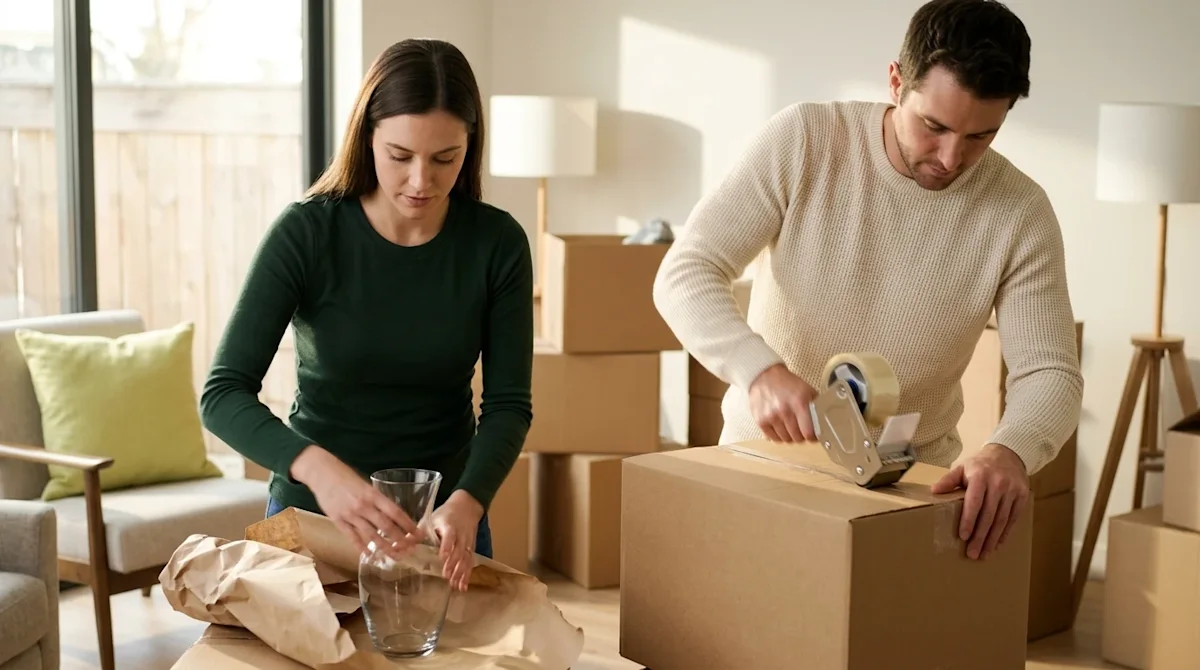 Clear, professional marketing photography of a focused couple hurriedly but efficiently packing their home for a last-minute