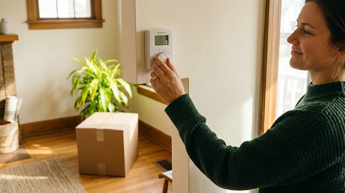 A warm, authentic lifestyle photograph of a person adjusting a wall-mounted home thermostat to be more energy-efficient. The