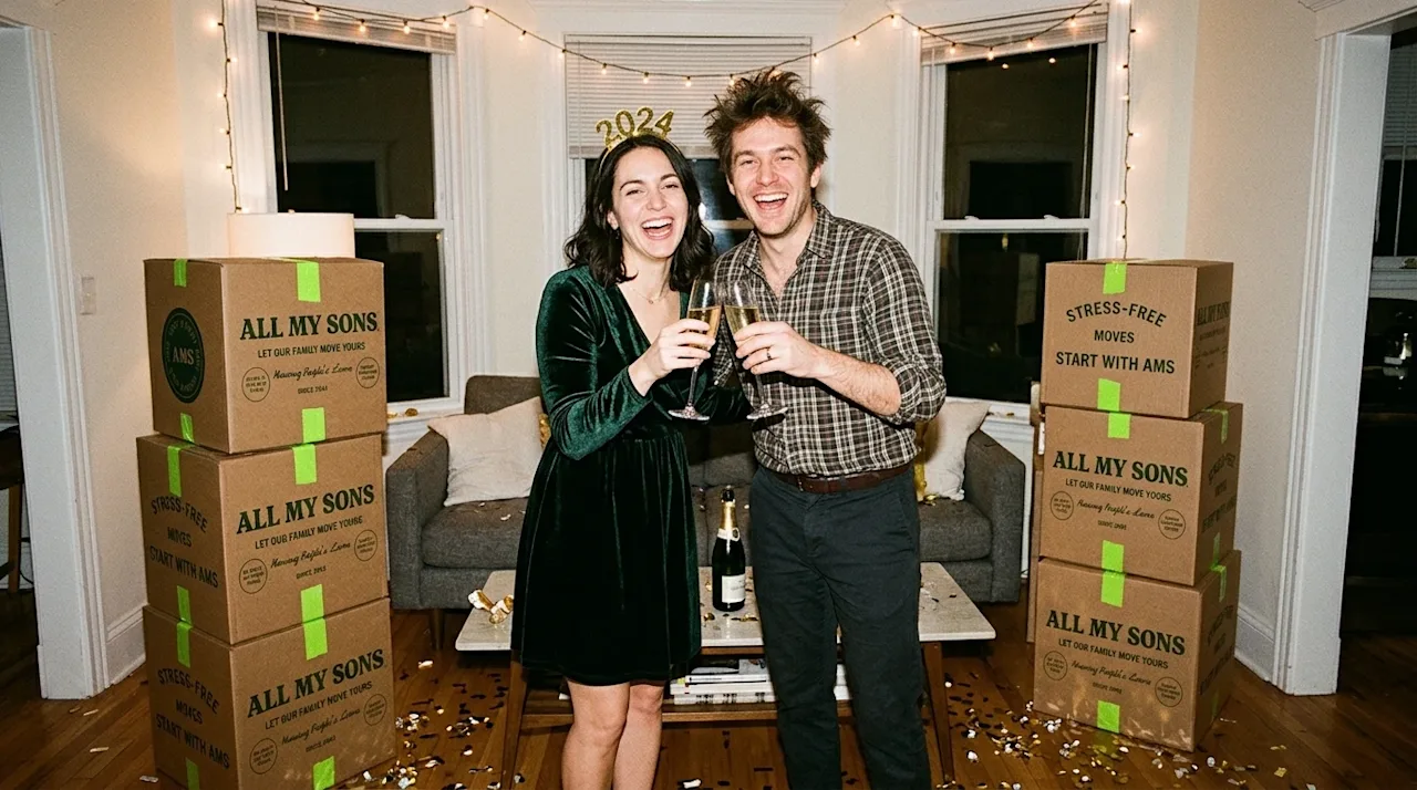 A candid, warm 35mm film photograph of a couple celebrating New Year's Eve in their new, partially unpacked home. They are la
