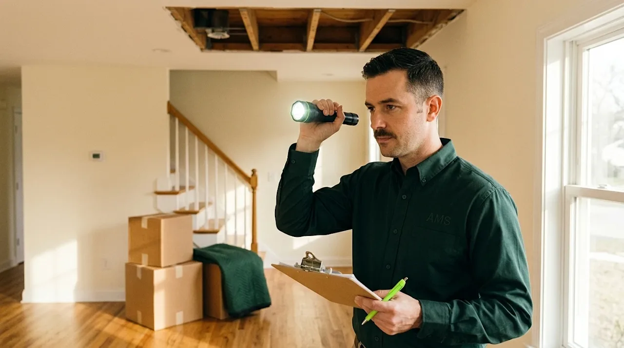Candid, realistic 35mm film lifestyle photography of a professional home inspector carefully examining the structural details